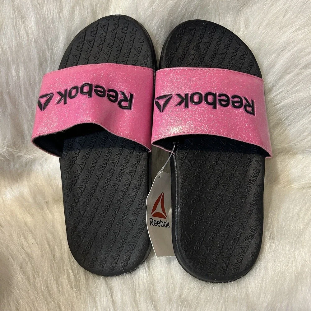 Reebok Slides‎ Girls Size 4 Pink Black Sparkly Glitter Slip On Sandals Shoes